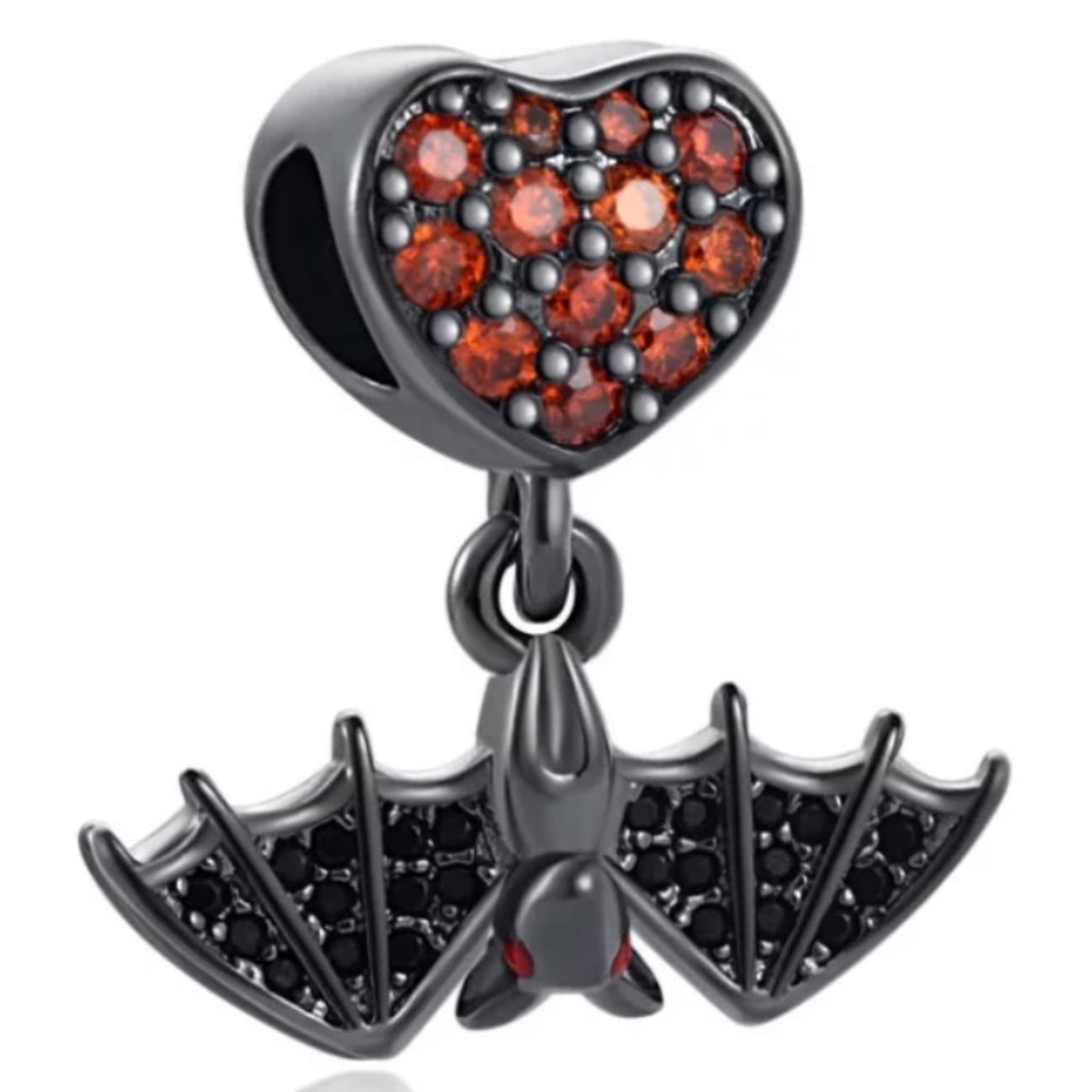 Dangling Bat and Heart Charm with CZ Details
